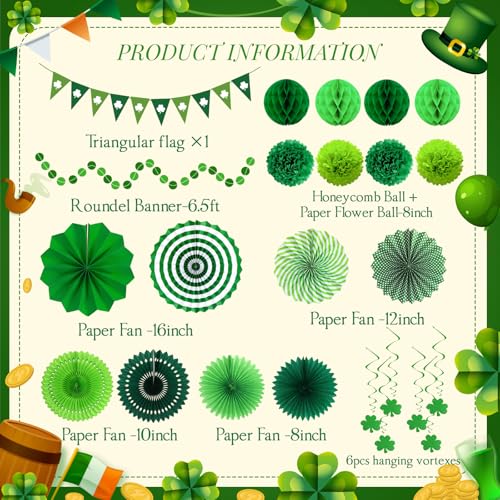 Image of 24 Pcs Green Birthday Decorations Kit, Paper Fans Pom Poms Banner 8-16 in | Green lime clover fans, pom poms, honeycomb balls, banner, swirls for birthday, safari, woodland baby shower, spring decor