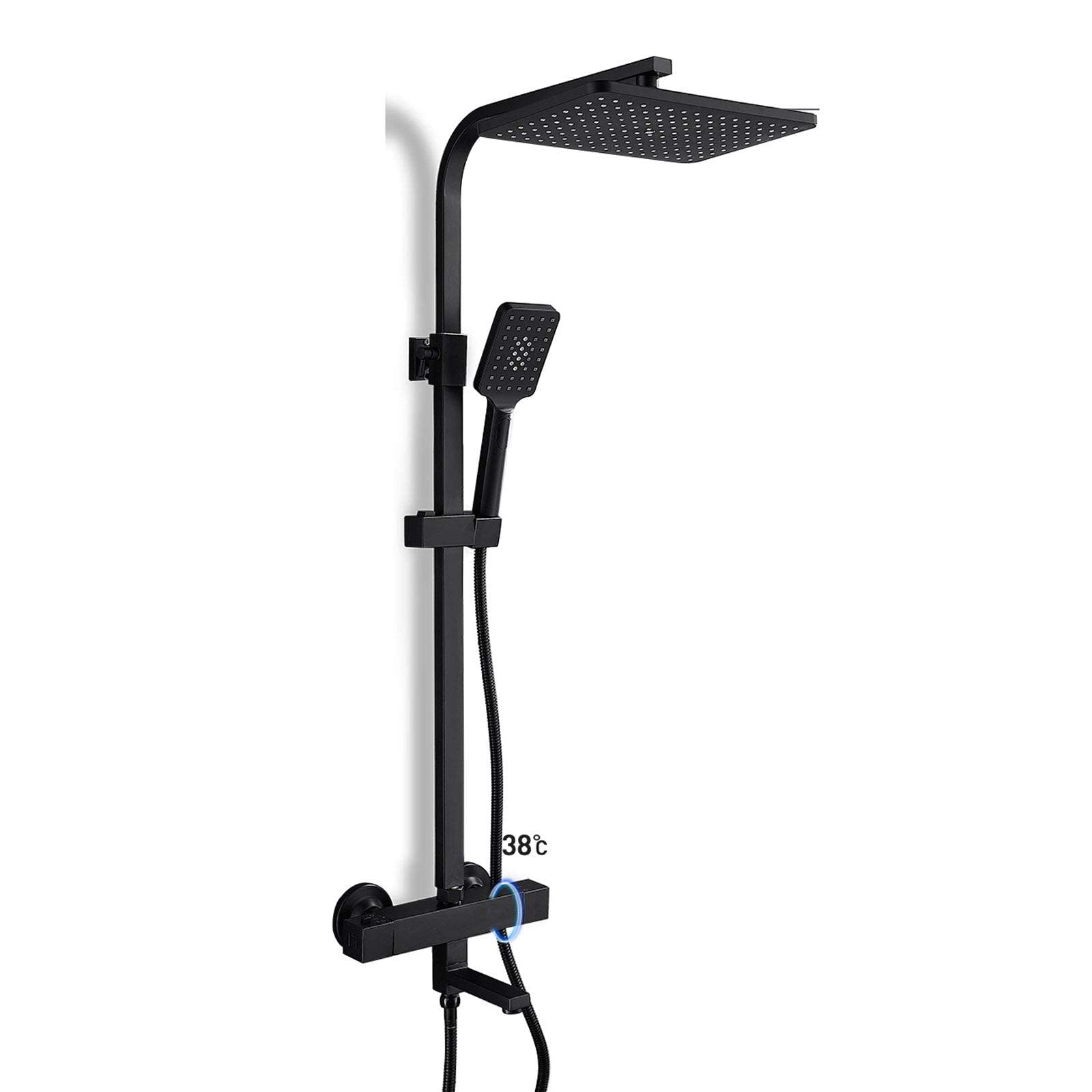 NGDFGR Wall Mounted Thermostatic Shower, Black Wall Mounted Shower Set With Overhead Shower Head Bath Tap, Modern Shower Mixer Set For Hotel Adults Gym