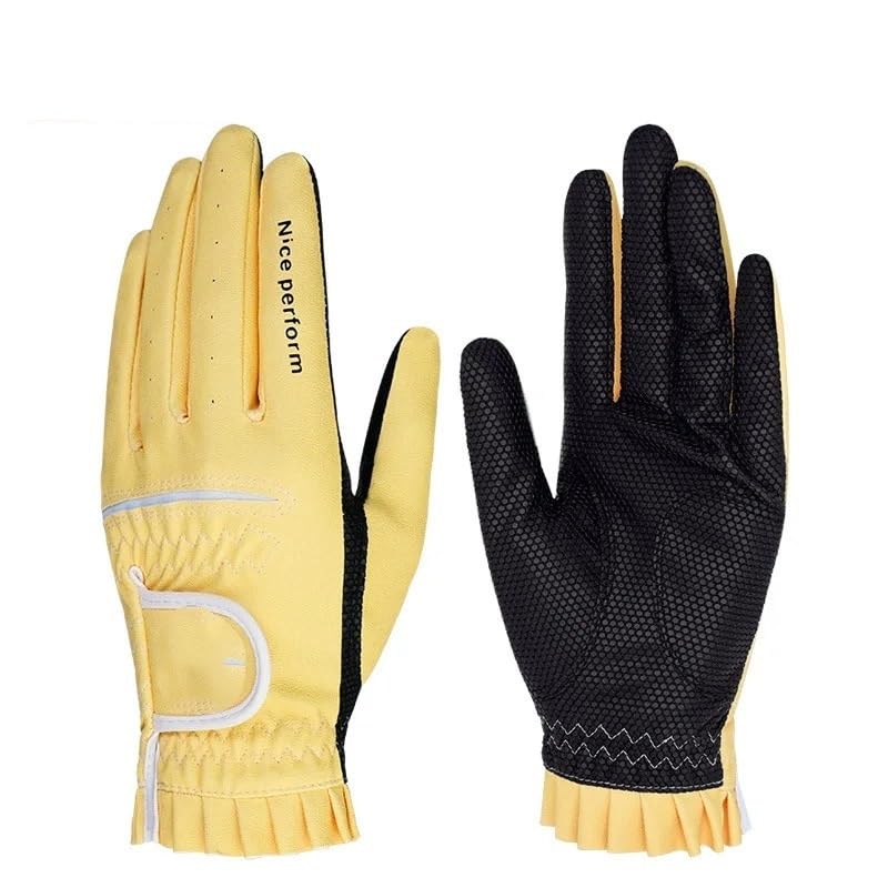 Guanti Golf Guanti da Golf da 2 Paia for Donna Golf Traspirante con Particelle Antiscivolo Accessorio da Golf for Uso Sportivo a Mano Guanto Golf(Yellow with Black,18)
