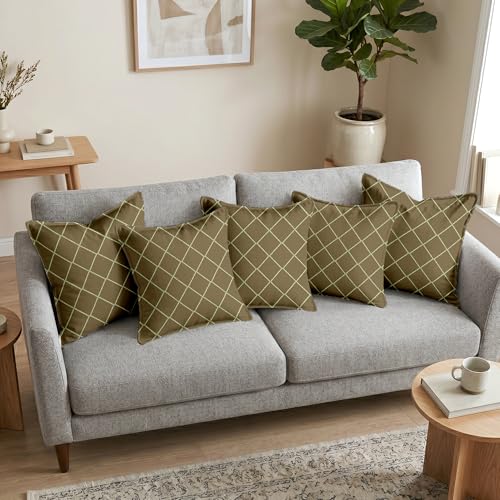 Image of Divine Casa Decorative Cushion Cover Set of 5 Camel | Velvet Feel Polyester Cushion Covers 16x16 Inch | Sofa Cushion Covers with Golden Lace Border | Modern Cushion Covers
