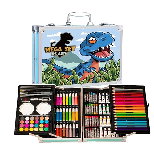 KARP Children Deluxe Art Drawing Set for Kids| Drawing & Coloring Set with Crayons, Oil Pastels, Colour Pencils, Watercolors, Sketch Pens, Brushes & Carry Case (145 Pcs Dino-Saur Print Art Set)