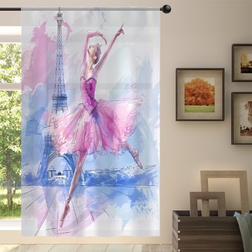 Mexpekil Voilages semi-transparents avec motif Tour Eiffel et danseuse de ballet pour salon, chambre à coucher, cuisine, 140 cm de large, 1 panneau