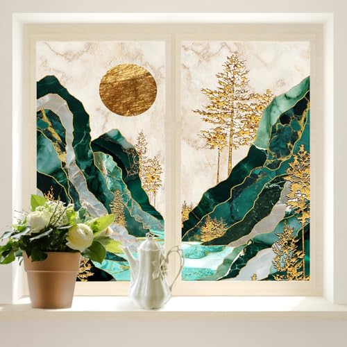 Brebasf Rustic Watercolor Marble Mountain Design Window FilmAbstract Modern Art Nature Landscape Tree Sunset Print Suitable for Living Room,Kitchen,Bathroom-35.4W x78.7L in x2Pcs