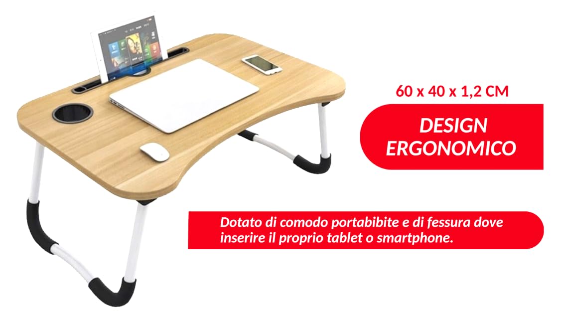 SUNLUX Tavolino da Letto Pieghevole in MDF 60x40 cm - Tavolo da Colazione con Porta Tablet e Smartphone, Design Ergonomico, Resistente all'Umidità - Ideale per PC, Colazione e Relax