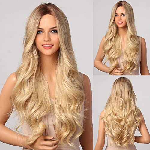 COOlHAlR Blonde Wig for Women Long Curly Wave Hair with Dark Roots