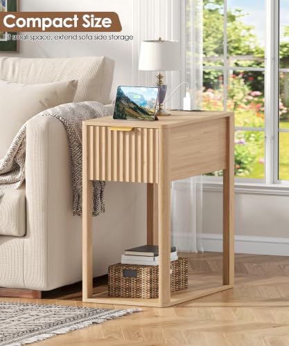 Image of Akxomel Narrow Nightstand with Charging Station Fluted Table Walnut