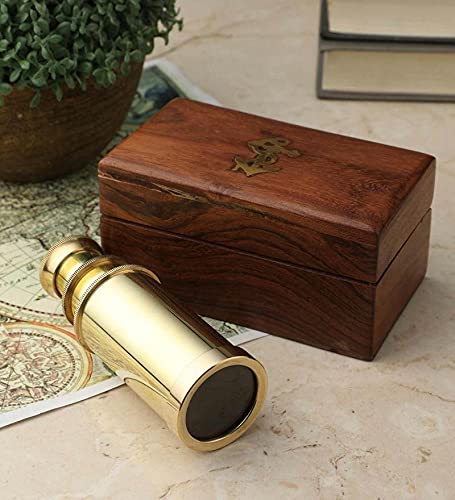 Nautical Full Brass Golden Telescope with Wooden Sheesham Box for Home and Office Decor Vintage Marine Scope Antique Desktop Telescope for Home Decor with Sheesham Box (Golden 6 inches) by GES Decor