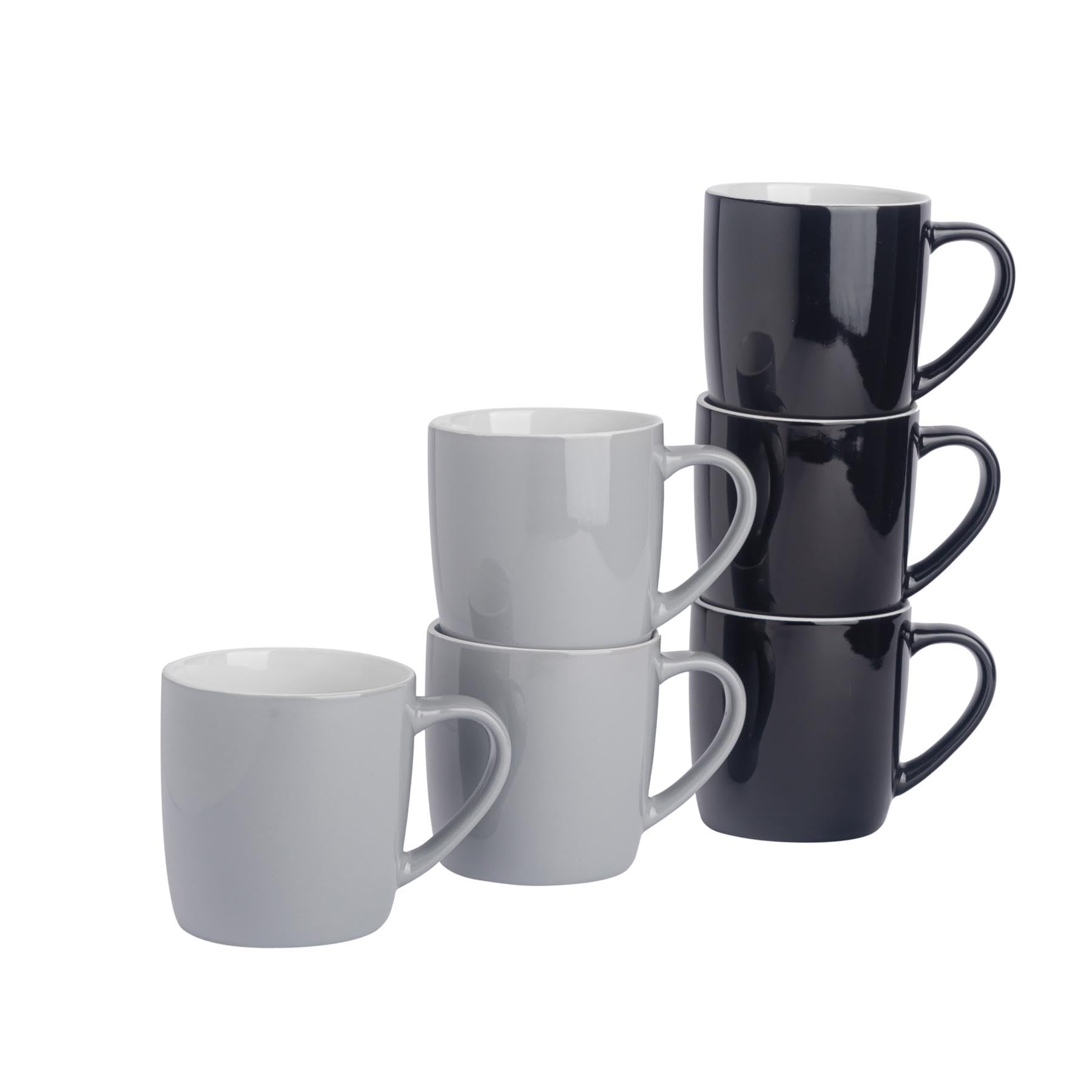 Argon Tableware Coloured Coffee Mugs - Black/Grey - 350ml - Pack of 6 - Gloss Ceramic Stoneware Latte Cappuccino Cups Hot Chocolate Cups Colourful Mug Set with Handle