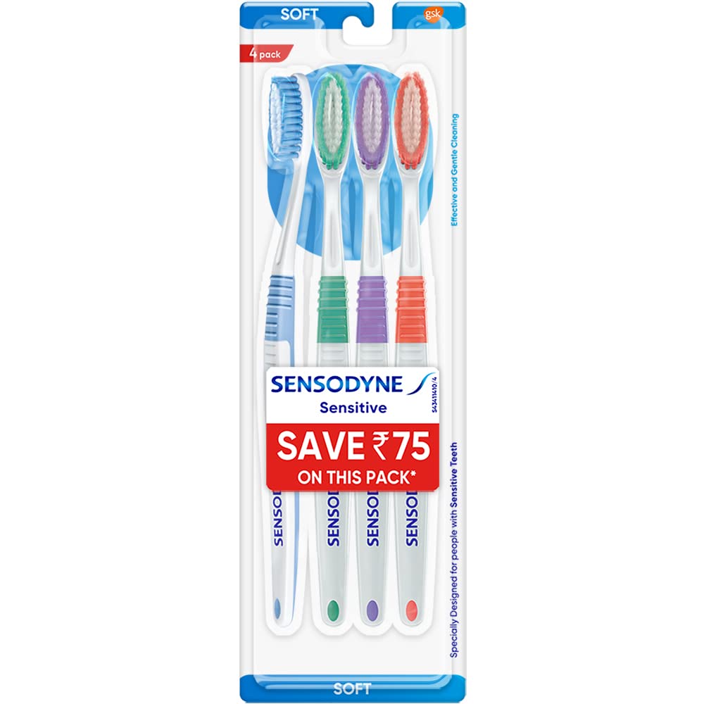 SensodyneToothbrush: Sensitive tooth brush with soft rounded bristles for Adult, Manual,Clear colored of 4 pieces