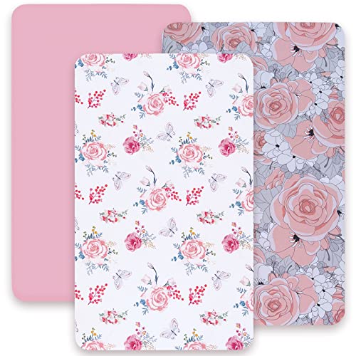 Image of JAROSY Ultra Soft Mini Crib Sheets 3 Pack, Silky Skin-Friendly Playard Pack n Play Sheets for Baby Girls, 5'' Deep Pocket Fit All Pack N Play, Playard, Mini and Portable Crib Mattresses, Florals Theme