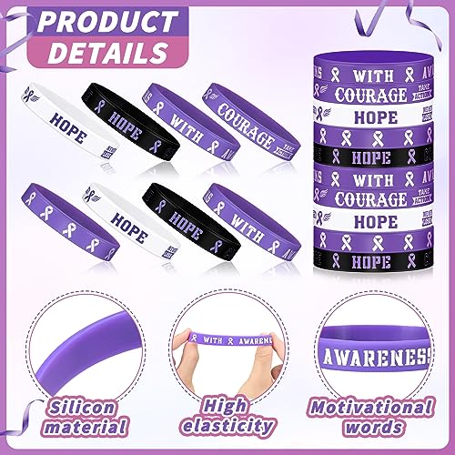 100 Pcs Domestic Violence Awareness Bracelets Bulk Pancreatic Cancer Epilepsy Purple Ribbon Bracelets Alzheimers Awareness Products Cancer Themed Rubber Wristbands for Charity Events3