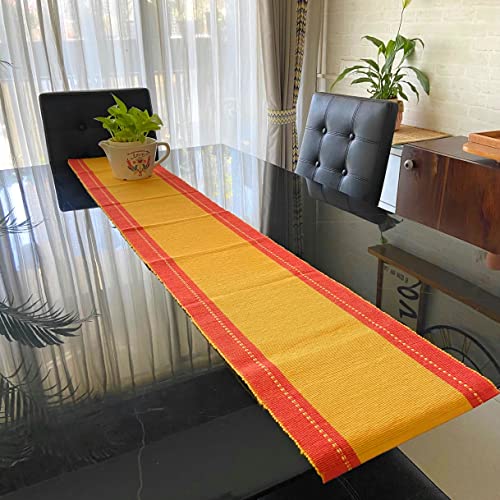 Image of Rangbhar Handloom Ribbed Cotton Table Runner for Living /Dining Room /Home Decor, Anti Skid, Reversible, Machine Washable, 12 X 72 inches, Striped, Red Mustard