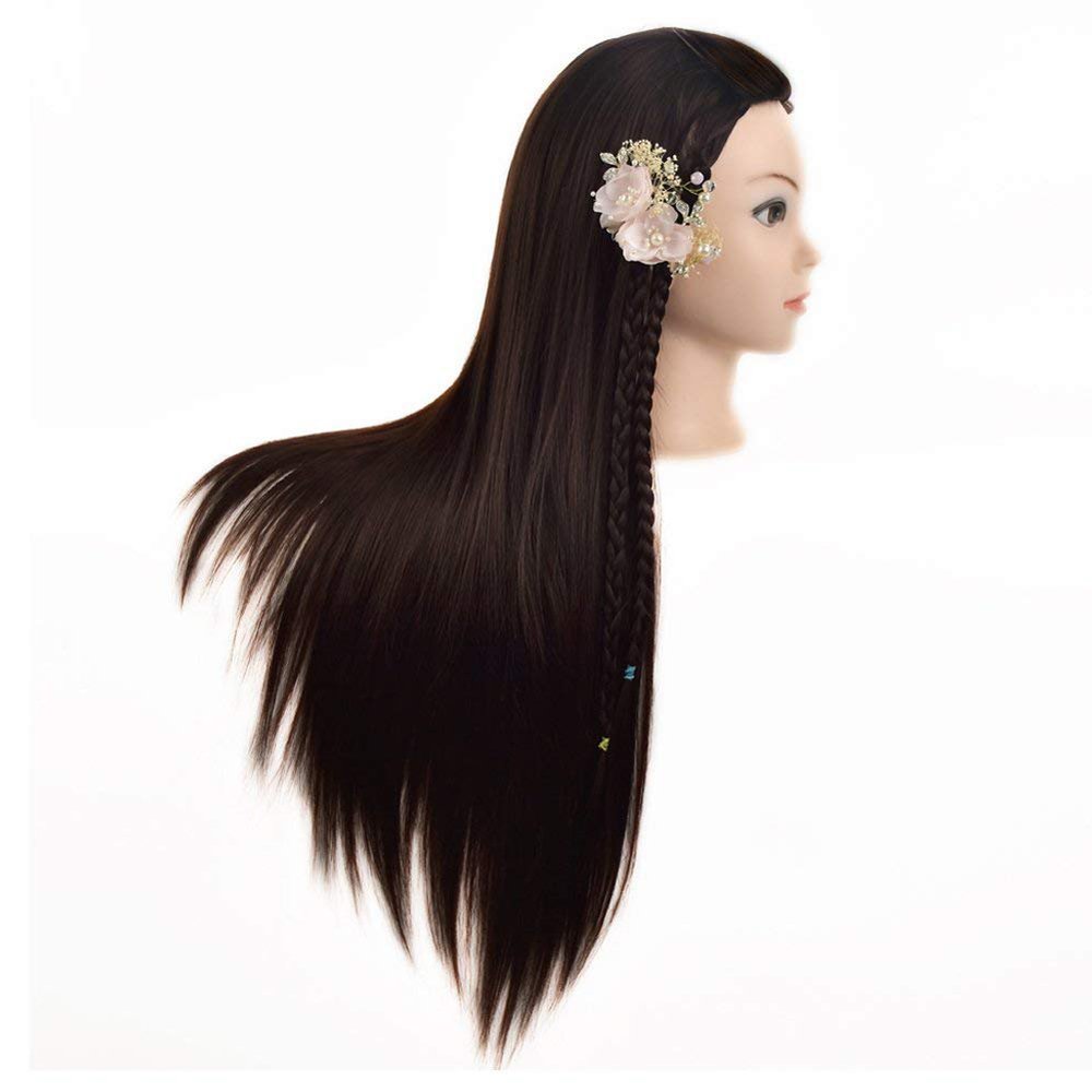 Testa di manichino 65 cm con capelli sintetici e morsetto per acconciature e cosmetica
