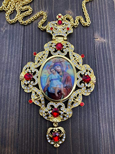 Nazareth Store Pectoral Cross Red Crystals Mary with Jesus Icon Gold Plated Clergy Pendant Christian Priest Bishop Crucifix Pendant Long Chain 24" in Gift Box2