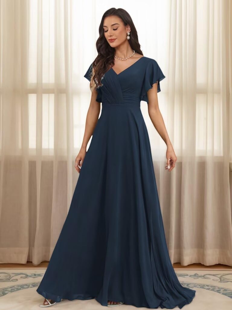 Women's Chiffon Bridesmaid Dresses V Neck Long Wedding Guest Dress Flutter Sleeves A Line Empire Waist Party Gowns