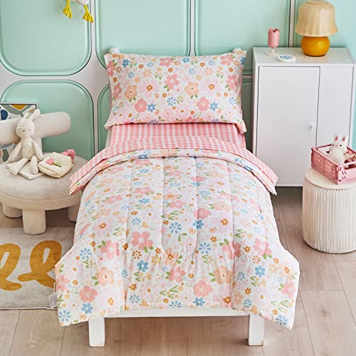 Girls' 4 Piece Cotton Toddler Bedding Set with Pink Flowers Design