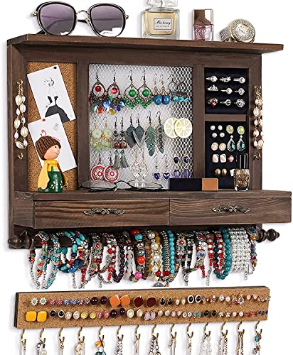 Jewelry Organizer Wall Mounted Wall Jewelry Organizer Wood Hanging Jewelry Organizer Rustic Jewelry Wall Organizer for Earring Studs Rings Necklaces and Bracelet