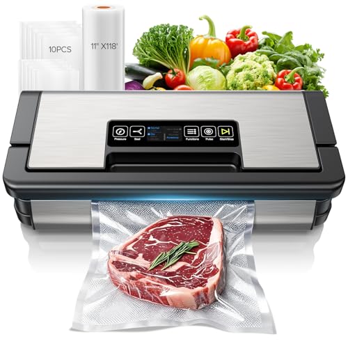 95kPa Vacuum Sealer Machine, Fully Automatic Food Sealer, Touch Display, 10-in-1 Functions & Powerful Sealing System with Double Heat Seal, Easy-Lock Handle, Built-in Cutter(Black Silver)