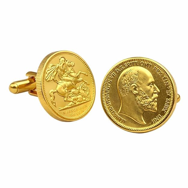 24k Gold Plated High Grade Titanium Alloy Coin Cufflinks for Men, Vintage Edward VII Coin Design, Classic Round Formal Shirt Cufflinks for Wedding Business and Party-image-15