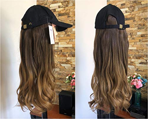 20" 22" 25" DevaLook Long Synthetic Straight Wavy Curly Ombre Hooded Wig Hair Extensions with Baseball Cap (20" Wavy + Black Cap, Chocolate brown + dark blonde)