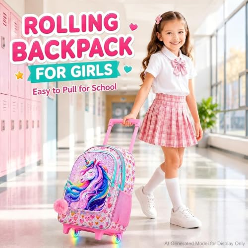 Image of CCJPX 3Pcs Unicorn Rolling Backpack for Girls, 18 inch Kids Glow Wheels Bookbag with Lunch Box, Lightweight Roller School Bag for Elementary Preschool (Pink)