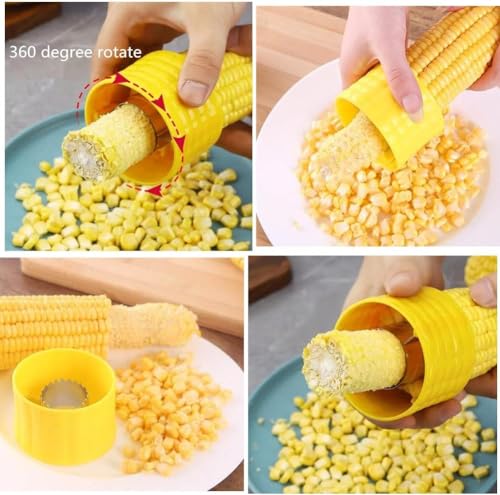 Image of Corn Cutter with 2 Masala Spoons, Manual Portable Mini Circular Corn Cob Stripper Peeler, Stripping Kernels Remover with Stainless Steel Blades and Hand Protector(Multicolor) Made in India