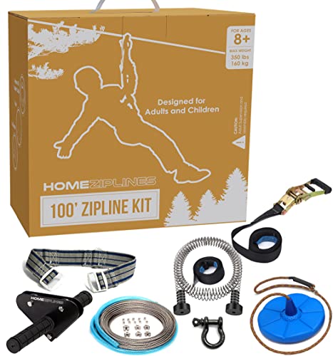 HomeZiplines Tirolina para niños y Adultos de hasta 350 Libras - 100/150/200 pies - Cremallera de instalación rápida para niños y Adultos - 100% Resistente al óxido con arnés de Seguridad - Zip Line
