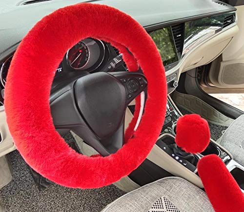 IXITON Universal Épaississement Faux Fourrure Hiver Chaud Fluffy Furry Fuzzy Housses de Volant de Voiture+Couvercles de Changement de Vitesse+Couvre Frein à main-3pcs/set (Red) Cover