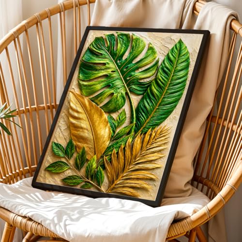 Image of NoWorries 3D Tropical Leaf Wall Painting with Frame Set of 1 | Premium Textured Green & Gold Monstera Palm Leaves Artwork, Luxury Botanical Nature Wall Decor for Living Room, Bedroom, Office and Home Decoration (3d Art-20,17x25inch)