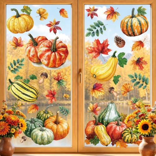 Image of Fall Window Clings Decor Pumpkin & Leaf Autumn Thanksgiving Decorations | 8 Sheets Holiday Stickers for Glass Windows, Autumn Harvest Decals for Home Office School Classroom Farm, Glass Doors Decor