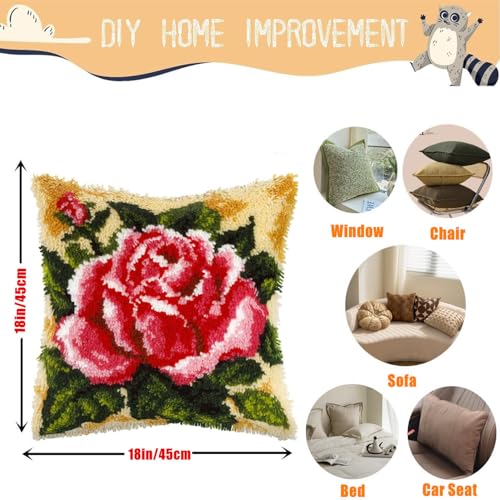 Image of EMISTEM Latch Hook Kits for Adults - Latch Hook Pillow Kits, Crochet Yarn Kit for Beginners, DIY Needlework Crafts Cover Case with Printed Canvas, (Red Rose,17x17 inch)