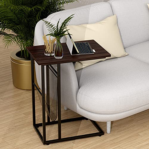 Eknitey Small Couch Side Table - Industrial End Table Convenient C Shaped Snack Table With Side Pocket For Living Room, Laptop, Bedroom, And Small Spaces (Walnut) #TOP1