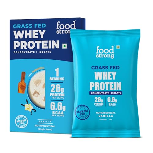 Image of Foodstrong Whey Protein Powder (Concentrate + Isolate), 100% Hormone Free Grass-Fed Whey, 26G Protein & 6.6G BCAA, Vanilla, With Turmeric & Digestive Enzymes, 35G