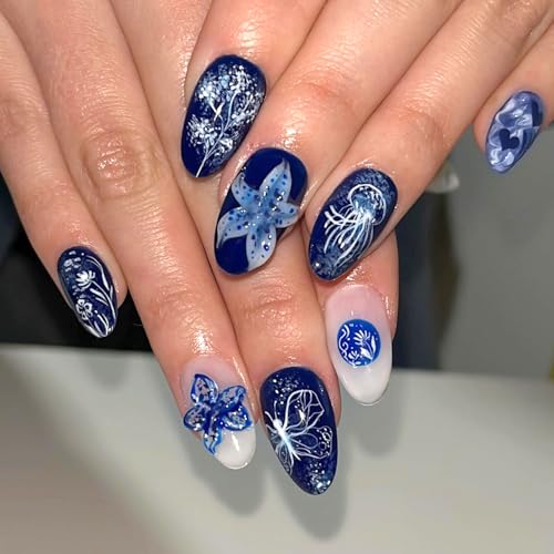 30Pcs Blue Ocean Press on Nails Medium Oval Fake Nails Jellyfish ...