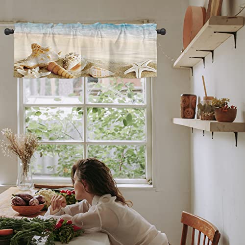 Bubkan Kitchen Curtain Valances For Windows Living Room Bedroom Summer Free Beach Starfish Shell Blue Sea Sky Privacy Panel Rod Pocket Window Treatment Draper-54X18In #TOP5