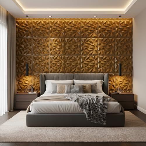 Image of Kayra Decor 3D PVC Wall Panels - Diamond Design, Brushed Gold Color, 19.7 inch x 19.7 inch (Pack of 12) | Covers 32.28 Sq. Ft. |