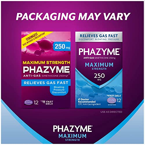Image of Phazyme Maximum Strength Gas and Bloating Relief, 250 mg Simethicone, 12 Fast Gels (Pack of 2)