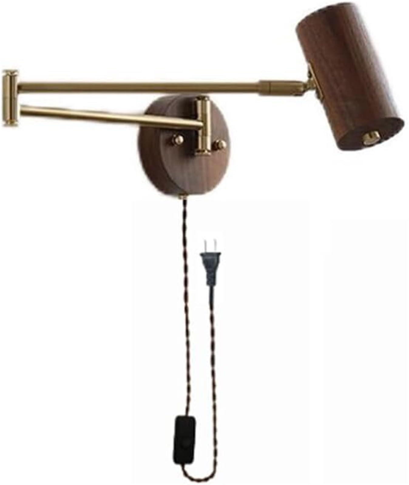 KHUKHU Swing Arm Wall Sconce Plug in Wall Lamp Hard Wired Rustic Wood Wall Mounted Reading Light Fixtures Gold Mid Century Adjustable Wall Sconce for Bedroom Bedside Living Room Farmhouse(Walnut)