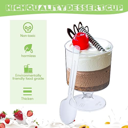 Tanlade 250 Pcs Mini Dessert Cups with Spoons Clear Plastic Plates 5 oz and 3 oz Square Parfait Appetizer Cups for Parties Round Shooter Disposable Dessert Containers for Serving Pudding Mousse - Thumbnail 3