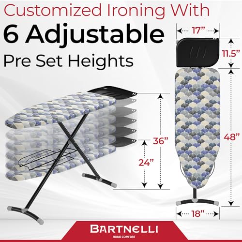Bartnelli Pro Ironing Board | Italian Crafted, Extra-Wide Full Size Iron Board, Adjustable Height, Reflective Heat Technology for 50% Faster Ironing, Sturdy Arch-T Legs, Sturdy Steam Station Iron Rest