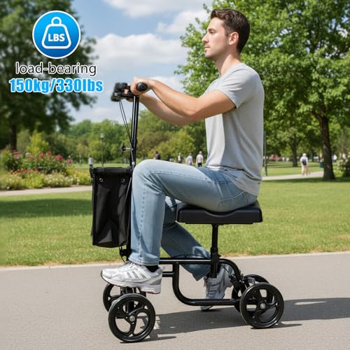 Image of Knee Scooter for Adults Foldable High Carbon Steel Knee Roller Scooter with Shock Absorption & Removable Bag, Adjustable Knee-Scooter for Foot /Ankle Surgery Recovery Black