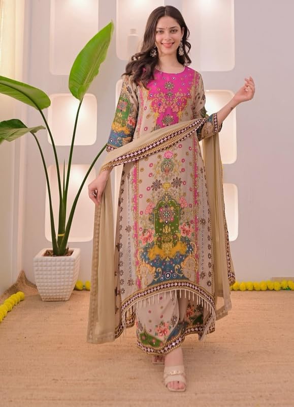 Image of Multicolor Printed Kurti Palazzo Set with Dupatta | Viscose Muslin Fabric Ethnic Suit | Soft Breathable Straight Kurta Palazzo Set Festive, Casual Office Wear Traditional Outfit