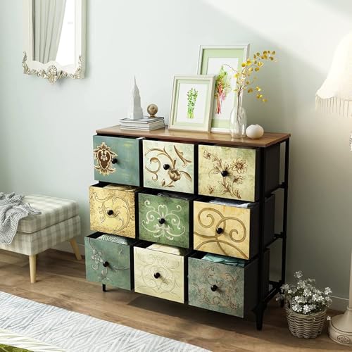 Image of HOME ELEMENTS Fabric Chest of Floral Printed 9 Drawers for Bedroom, Clothing Storage Organizer Unit Dresser Chest of Drawers Storage Organizer for Living Room Closet Hallway - 100x29.8x89cm