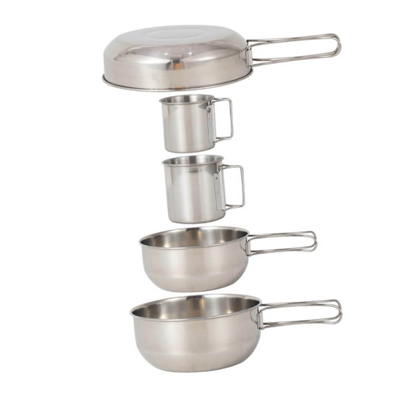 Ensemble de Vaisselle de Camping Portable 5 Pièces en Acier Inoxydable | Poignée Pliable, 1 Set Casserole, Grand Bol, Petit Bol, Grosse Tasse et Petite Tasse