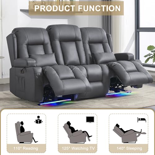 Image of URRED Power Loveseat Recliner Sofa with Massage and Heat, Wall Hugger Reclining Loveseat with Console, RV Couch Home Theater Seating with LED Lights for Living Room (Ash Gray, 76.8 inch - 3 Seats)