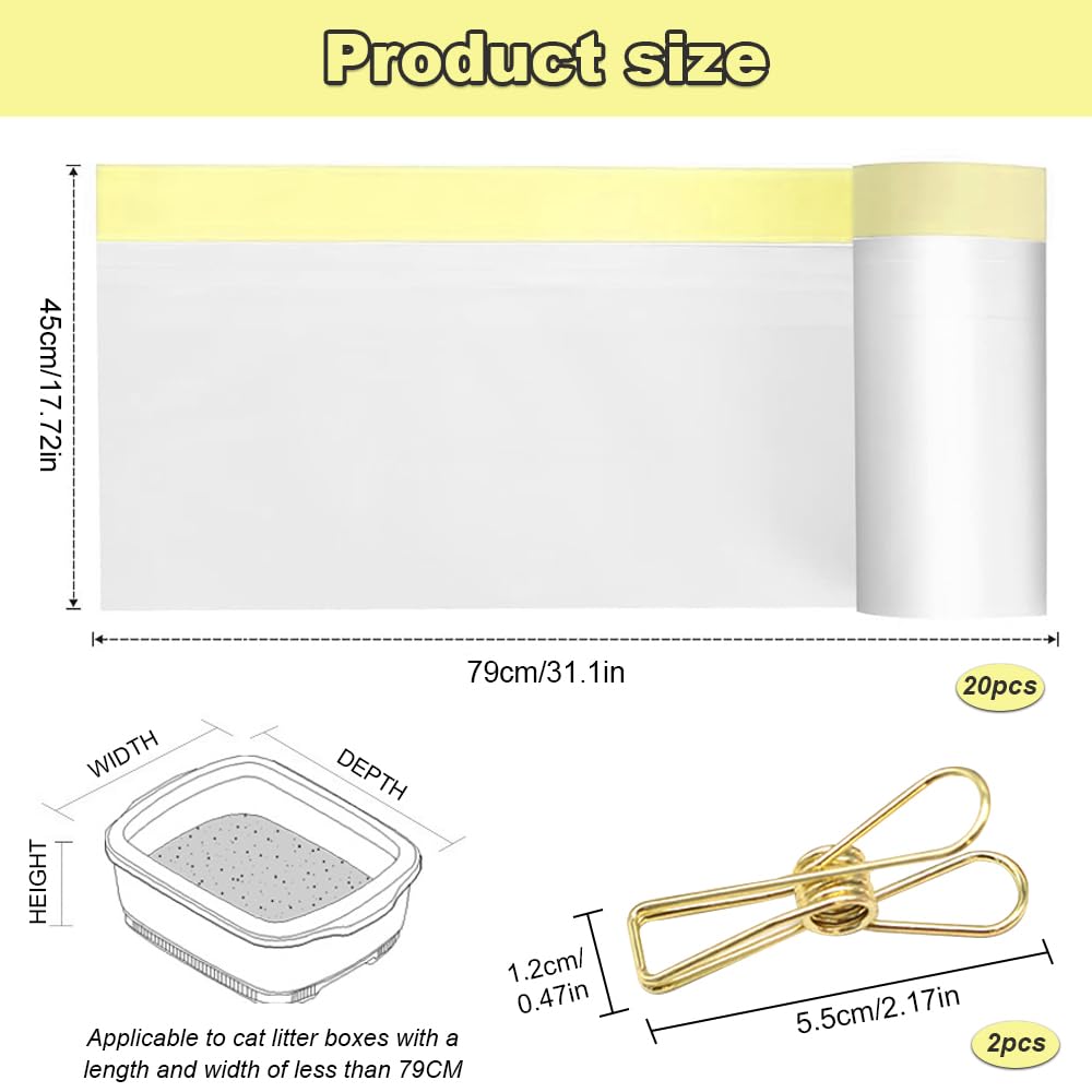 Cat Litter Tray Liners, 20 PCS Cat Litter Bags with Drawstrings and 2 PCS Gold Fixed Clip for Pet Litter Box (79 x 45 cm) - Image 2