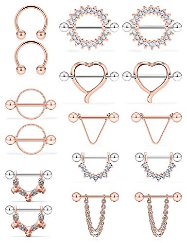 SCERRING 14G Nipple Rings Stainless Steel Nipplerings CZ Heart Tongue Shield Barbell Rings Retainer Body Piercing Jewelry for Women 9/16Inch 8 Pairs Rose Gold