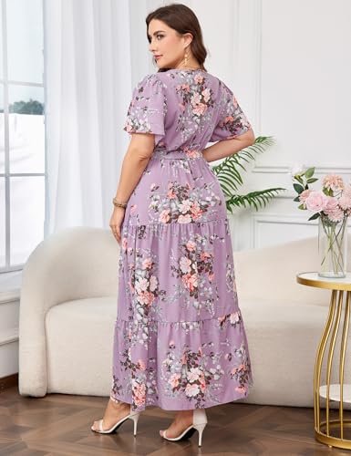 Image of ShopWonder Womens Plus Size V Neck Wrap Maxi Dress High Waist Ruffle Summer Casual Dress with Belt