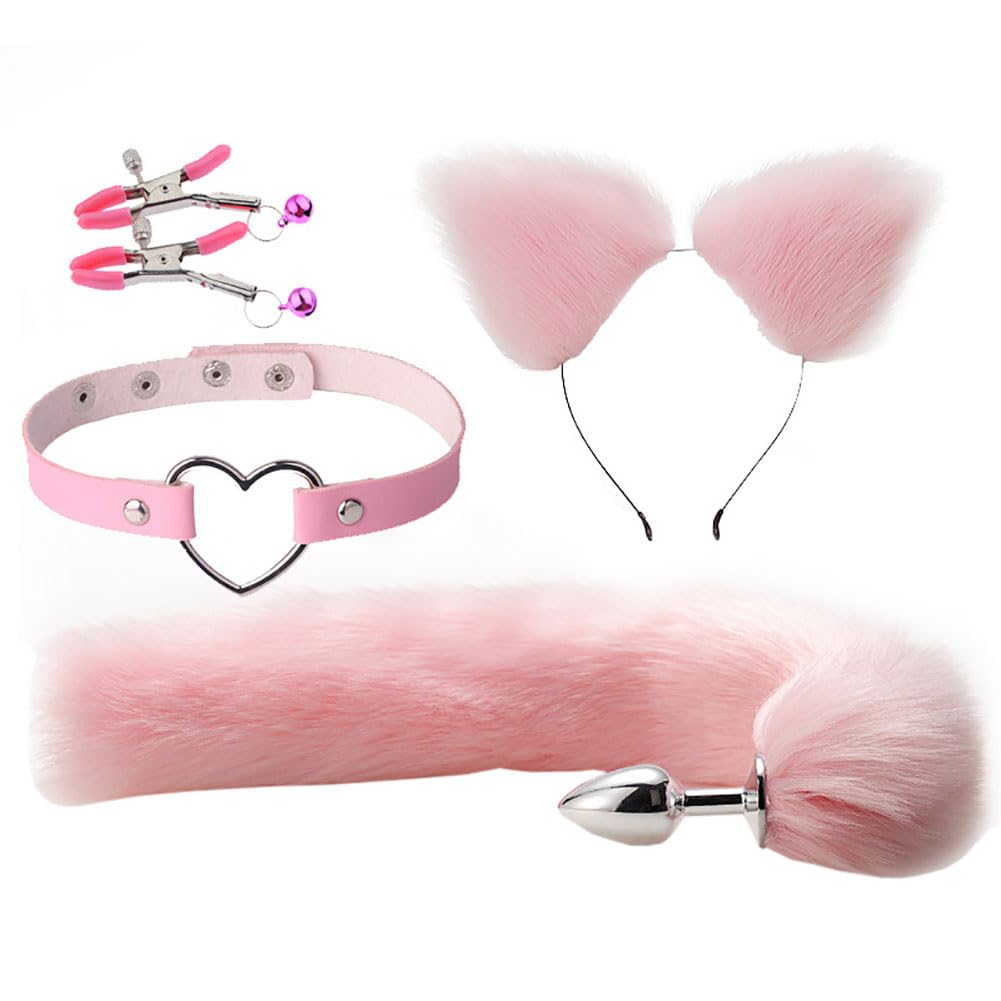 Fox Animal Costume Set Cat Ear Headband Bunny Fox Tail Furry Anal Plug Leather Choker Heart Necklace Bell Nipple Breast Clamp Clip Valentines Day Cosplay