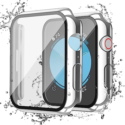 Image of Misxi [2 Pack] Waterproof Case with Button for Apple Watch SE 3 (2025) SE 2 SE Series 6 Series 5 Series 4 40mm, Cover with Tempered Glass Screen Protector for iWatch, 1 Silver + 1 Transparent